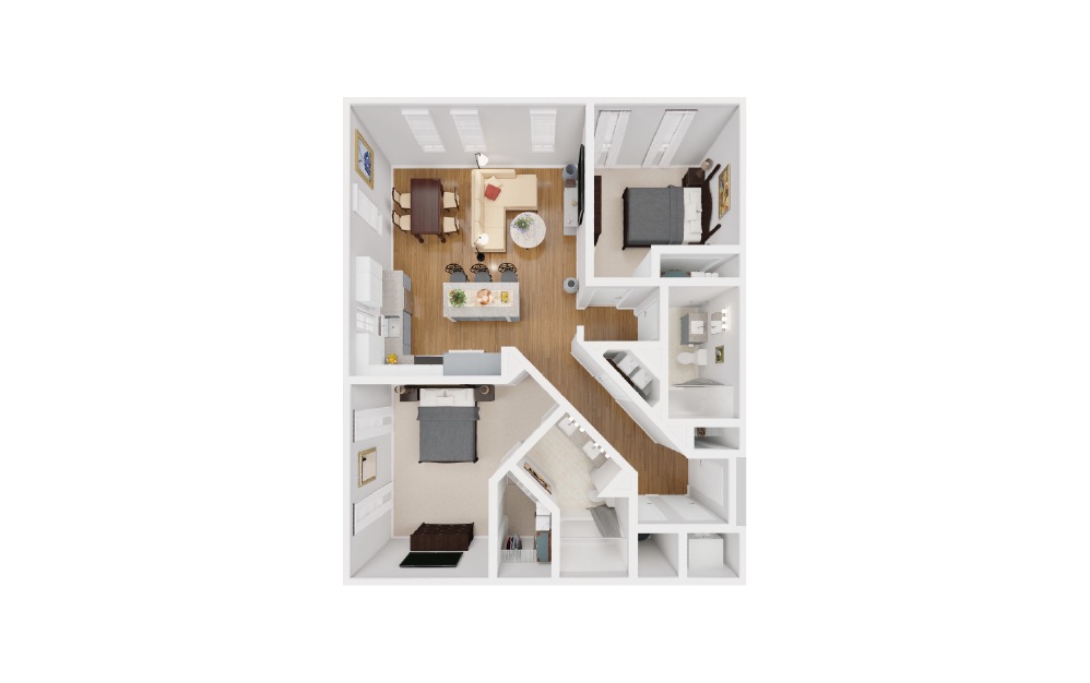 Laurens - 2 bedroom floorplan layout with 2 baths and 1077 square feet.