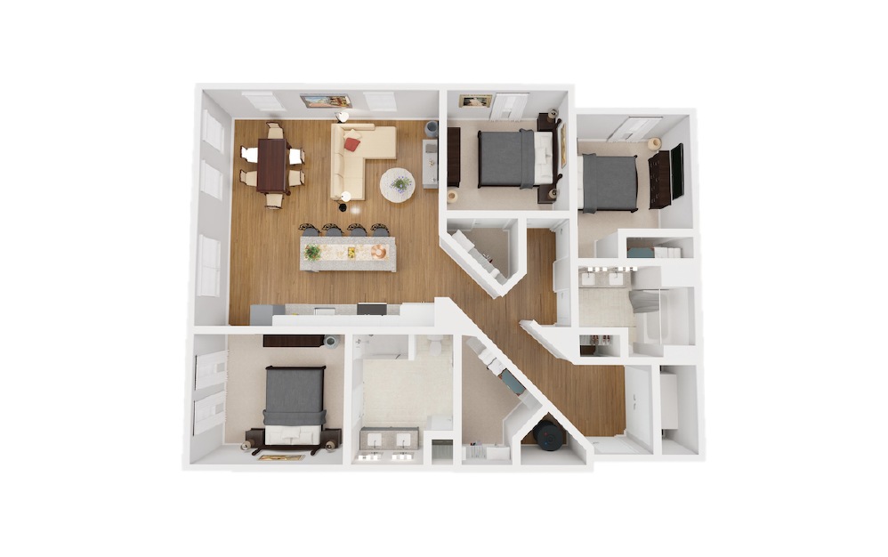 Berkley - 3 bedroom floorplan layout with 2 baths and 1320 square feet.